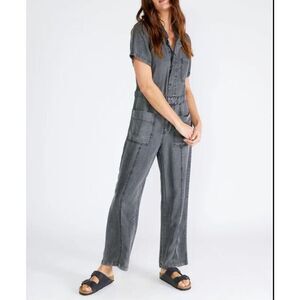 Zara Ash Gray Wash Tencel Boho Short Sleeve Button Front Utility Jumpsuit Small